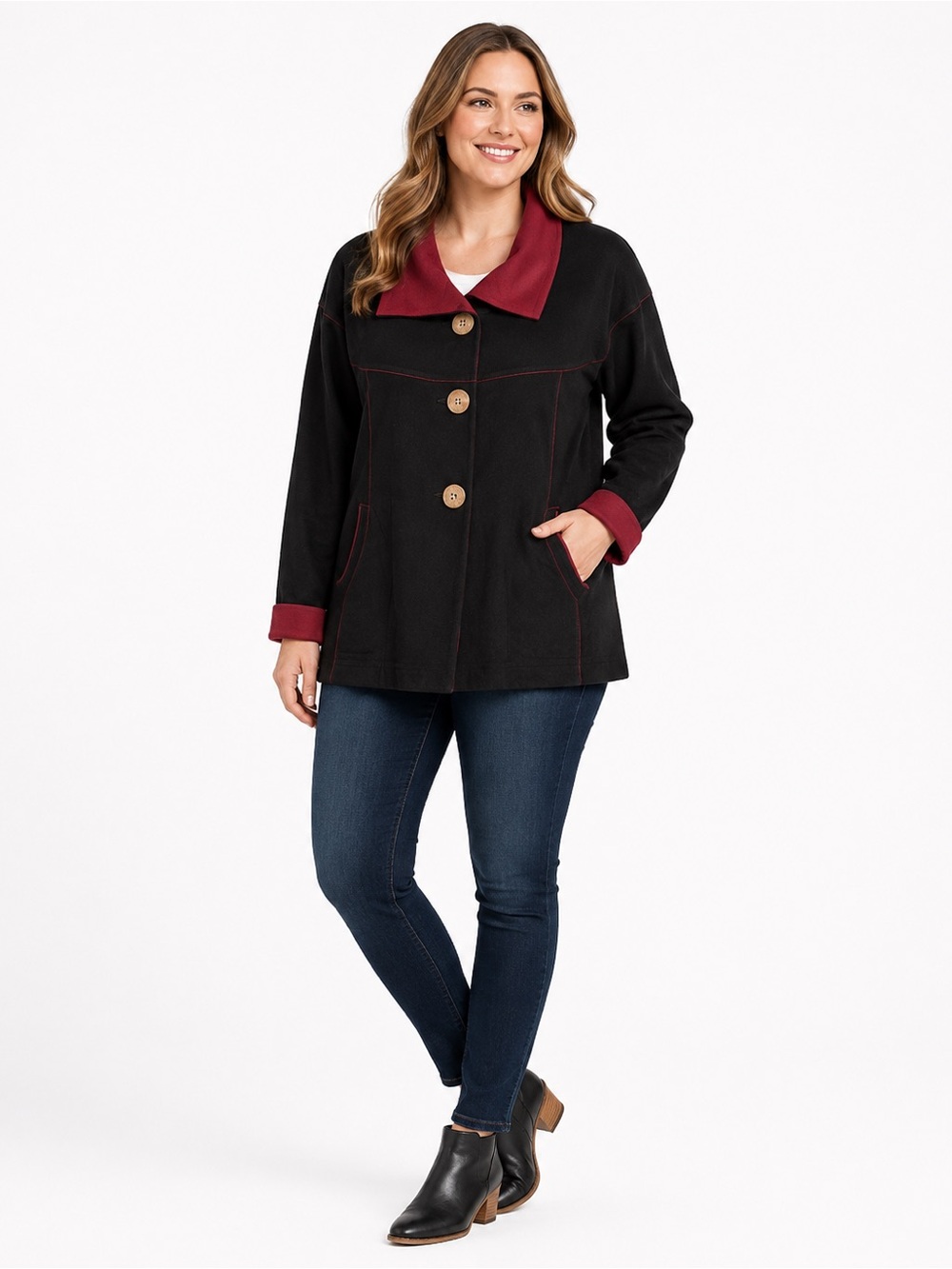 Junonia Black Button Front Sweatshirt with Burgundy Accents. Size 1X